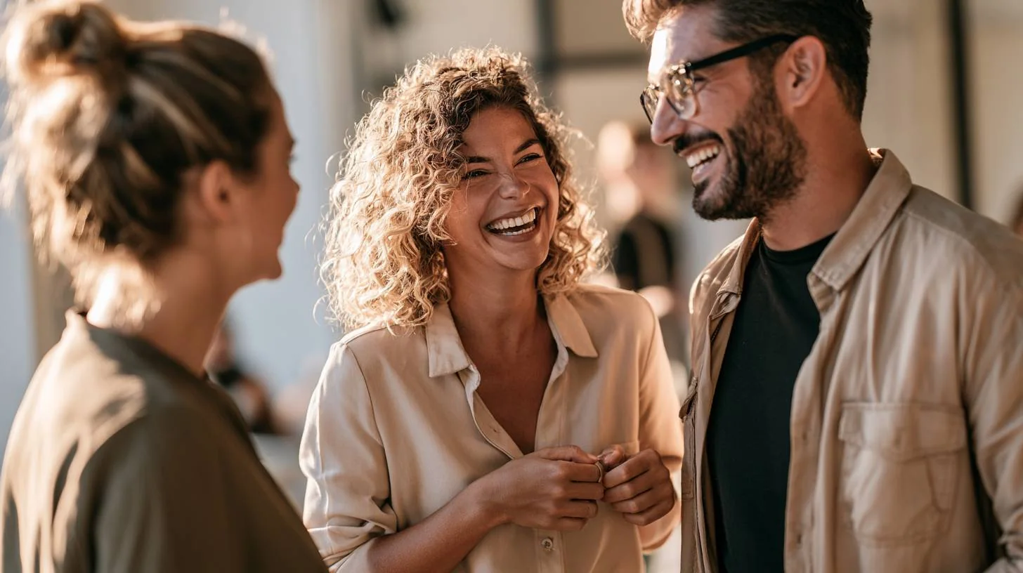 Três profissionais conversando e sorrindo em um ambiente de trabalho